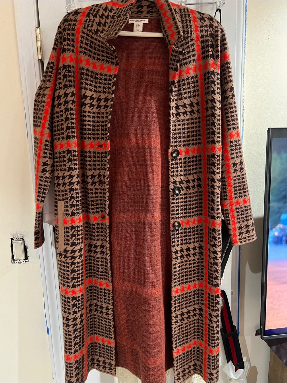Christian Siriano Brown Plaid Open-Front Cardigan with Red Accents